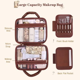 WREWING Travel Makeup Bag，3in1 Checkered Portable Cosmetic Bags，Waterproof Toiletry Bag with Brush Holder, PU Leather Large Capacity Makeup Organizer, Cosmetic Storage Bags for Mother Women Girls,