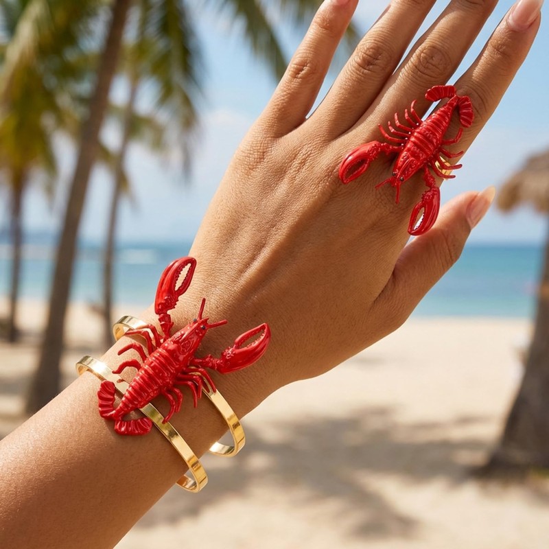 MYANAIL Fun Lobster Bracelet Ring Set for Women 3D Red
