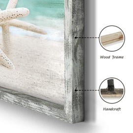Beach Framed Wooden Wall Art: Ocean Artwork Set of 4 Starfish Seashell & Sand Dollar Pictures Prints Seascape Wall Decor for Bedroom