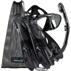 Phantom Aquatics Collection Navigator Mask Fin Snorkel. Snorkeling Set - Small/Medium, Black