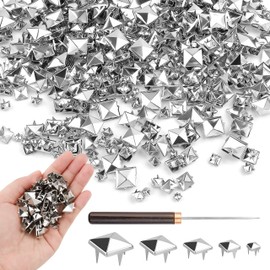 300Pcs Square Pyramid Studs for Clothing Leather Craft, Assorted Sizes 4/6/8/10/12mm Silver Prong Spikes and Rivet Kit with Wooden Handle Awl, for Punk Rock Clothing Belts Bags Dog Collars Bracelets