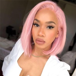 Wiggins Pink Bob Wig Human Hair 13x4 HD Transparent Lace Front Wig Colored Short Bob Lace Front Wigs Rose Pink Straight Bob Wigs For Black Women Glueless Human Hair Wigs Pre Plucked 12 Inch