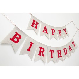 Red Happy Birthday Banner Sign, Burlap Red Happy Birthday Party Decorations, Pre-strung