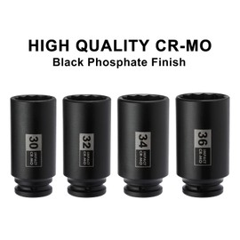 Mayouko 4PCS 1/2" Drive Deep Axle Nut Impact Socket Set, CR-MO, 12 Point Design, Metric, 30,32,34,36mm, 1/2 Inch Extra Deep Impact Socket
