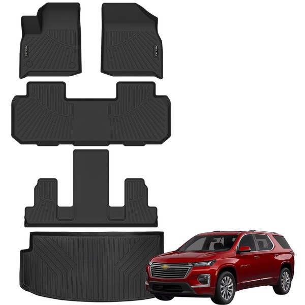 NIKALAIKA Floor Mats & Cargo Liner for 2018-2023 Chevrolet/Chevy Traverse (Only Fit 7 Seats) with 2nd Row Bucket Seats All Weather Protection TPE Rubber Full Set Automotive Mat Accessories, Black