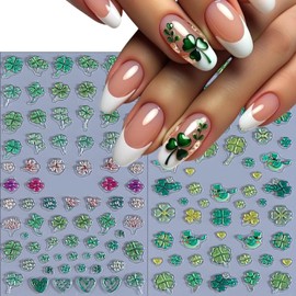 2 Sheets Irish Four-Leaf Clover Nail Art Stickers St. Patrick's 5D Self-Adhesive Embossed Green Shamrock Nail Decals Design Lucky of Irish Spring Leaf Nail Supplies for Women Nail Decoration