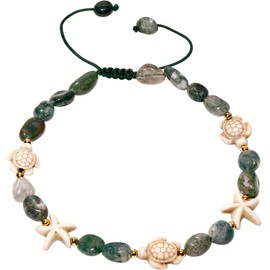Wizock Boho Turtle Starfish Ankle Bracelets for Women Tumbled Crystals Beaded Anklet Summer Hawaii Beach Adjustable Party Foot Jewelry (Moss Agate)