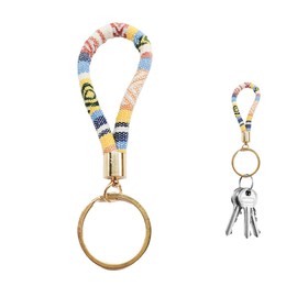 MUQIDA Bohemian Keychain, Handmade Boho Wristlet with Keyring, Hippie Woven Wrist Lanyard Cute Key Fob Holder for Women (Yellow)