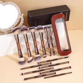 Maange Set Profesional Brochas Maquillaje Doble Punta Usos Kit Completo Base Líquida Polvo Contorno Corrector Sombras Ojos Café