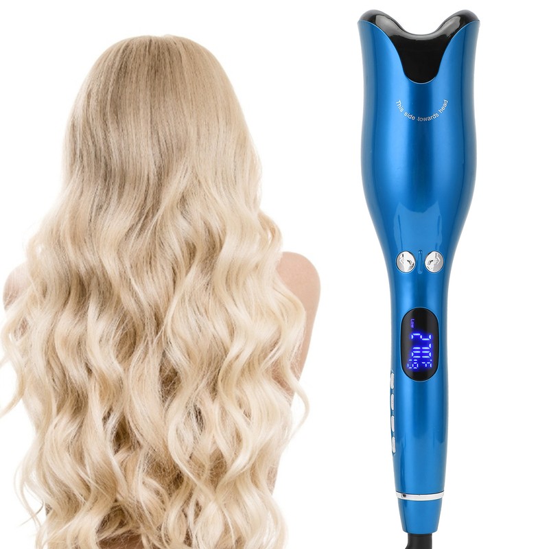 Automatic Curling Iron Wand LED Temperature Display Timer Blue Curling