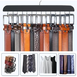 Belt Hanger for Closet Max 42 Belts, Sturdy Wood Belt Rack Closet Accessories with 14 Hooks Belt Organizer for Closet Organizers and Storage -Black 1 Pack