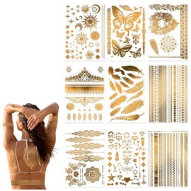 Puzxo 9 Blätter temporäre Tattoos in Metallic-Gold, Blumen-, Schmetterlings- und Elefanten-Designs für Partys, Cosplay, Festivals, Gesichts- und Körperkunst
