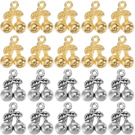 SUNNYCLUE 1 Box 80Pcs Cherry Shaped Charms Metal Fruit Charms Bulk Gold Silver Alloy Vintage Fruits Cherries Leaves Mini Charm for Jewelry Making Pendants Bracelet Earrings DIY Crafts Findings