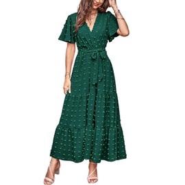 MASCOMODA Womens Boho Swiss Dot Maxi Dresses Wrap V Neck Flutter Short Sleeve Solid Tie Belt A Line Tiered Flowy Long Dress(Dark Green,Large)