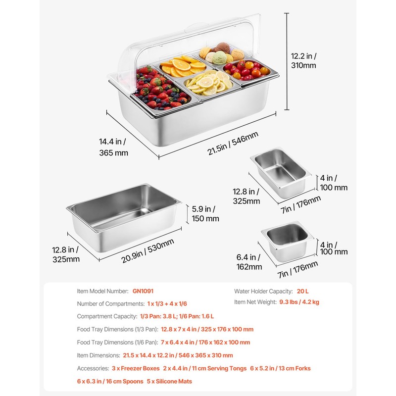 VEVOR Countertop Food Serving Display Container, 5 Pan Stainless Steel