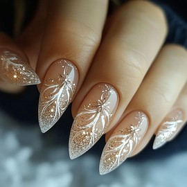 Medium Press on Nails Almond Fake Nails with Designs Gold Glitter French Tip False Nails Acrylic Nails Glue on Full Cover Artificial Nails Stick on Nails for Women 24 Pcs Nail Supplies