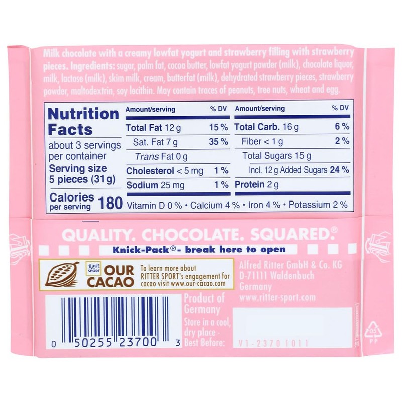 Ritter Sport Milk Chocolate with Strawberry Creme 3.5 oz each
