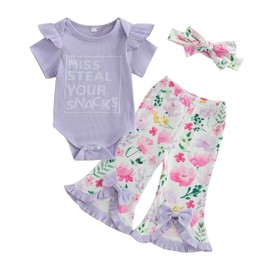 MAHUAOYIXI Toddler Baby Girl Summer Outfits Flying Sleeve Letter Print Romper Bodysuit Jumpsuit with Floral Print Flare Pants and Headband 3Pcs Clothes for Little Girls (Purple, 3-6 Months)