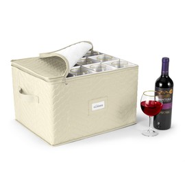 Sorbus Stemware Storage Cases (Quilted) Wine Glass Storage Box Case with Dividers and Handle - China Storage Containers Holds 12 Crystal Glassware, Red White Wine Glasses, Champagne Flutes, Goblets