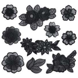 GORGECRAFT 30Pcs 10 Styles Flower Sew on Applique Organza Embroidery Leaves Floral Patches Lace Fabric for Wedding Bridal Dress Sewing Craft DIY Clothes Decor Hair Ornaments Black
