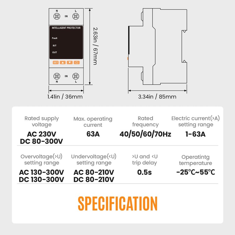 PJERJZN 230V 63A Smart Voltage Protector - Adjustable Over/Under Voltage