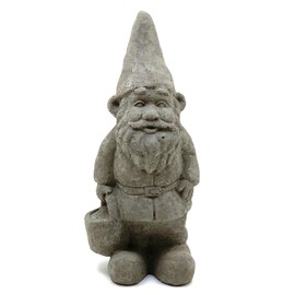 Garden Gnome with Bucket: Solid Durable Stone Statue with Vintage Texture. Sealed for Outdoors. Handcrafted USA. (Antique/Gray)