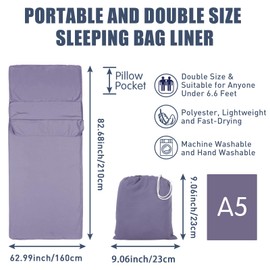 Sleeping Bag Liner Camping Sleeping Bag Liners, Portable Double Sleeping Bag Liner, Travel and Camping Sheet Sleeping Bag Liner with Pillow Pocket for Hostels, Backpacking (Purple)