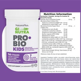 Nature's Plus NaturesPlus GI NUTRA Pro Bio Kids - 16 Live Strains, 7 Billion Probiotics for Children with Prebiotics Fibre Complex - L Acidophilus, B. Longum - Vegan, Gluten Free - 30 Chewable Tablets