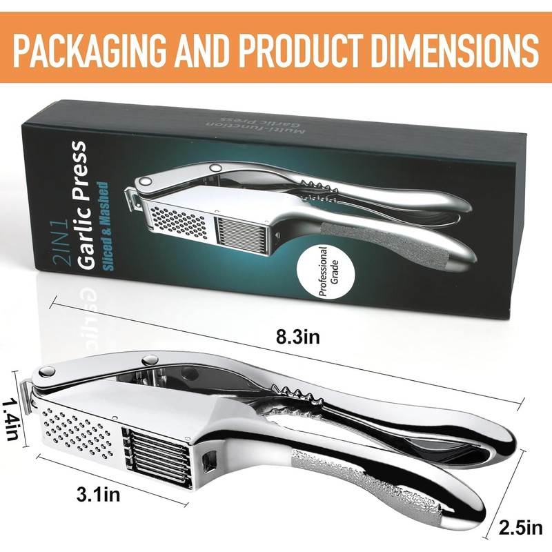 Garlic Press 2 in 1, Stainless Steel Blade, Effortlessly Crush,