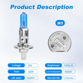 H1 Halogen Headlight Bulb - 12V 55W H1 Halogen Headlamp 5000K Auto Car Low High Beam Light Bulbs for Fog light Replacement,Pack of 2