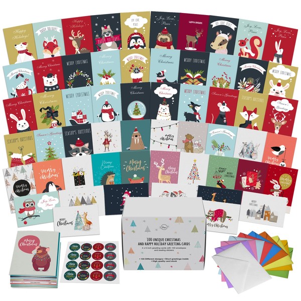 Dessie 100 Unique Modern Christmas Cards with Envelopes and Matching Sealing Stickers. Happy Holiday Cards with Short Greetings Inside. Bulk Christmas Cards Boxed with Envelopes