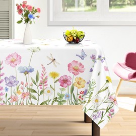 Arquiel Spring Summer Tablecloth Waterproof, Wild Flowers Butterfly Table Cloth Rectangle, Washable Table Cover for Party Picnic Wedding Outdoor Dining Decor (152x213cm)