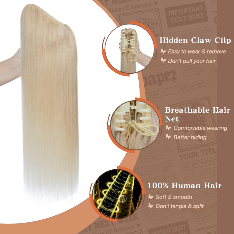 TESSHAIR Claw Clip In Ponytail Extension, 100% Human Hair Ponytail