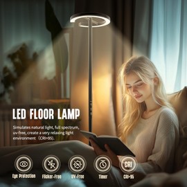GLOWRIUM-H3B LED Floor Lamp with Remote, Eye-Care Reading Light with 4 Color Temperatures, 71 Inch Tall Standing Lamp with Stepless Dimmable for Living Room, Modern Bedroom Lamp with Timer Function