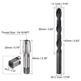 sourcing map Tap and Drill Bit Set, 1/4-18 NPT Thread Tap & 7/16" Black Oxide Twist Drill Bit, Straight Flute Tap Tapping Threading Repair Tool Kit