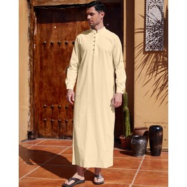 NANAMEEI Thobe for Men Muslim Abaya Kaftna Thobe Moroccan Thobe Mens Noghtshirts,Khaki,2XL
