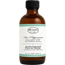 BIOMIX Aceite Esencial de Menta 100% Puro 4 fl oz (120 ml), Destilado al Vapor, Grado Alimentario y Terapéutico, Multiusos para Aromaterapia, Masaje, Cuidado de Piel y Cabello