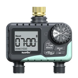 RAINPOINT Water Timer for Garden Hose - Sprinkler Timer with Brass Swivel - Rain Delay/Manual Watering/Automatic Irrigation Programmable Faucet for Yard, 2 Outlet