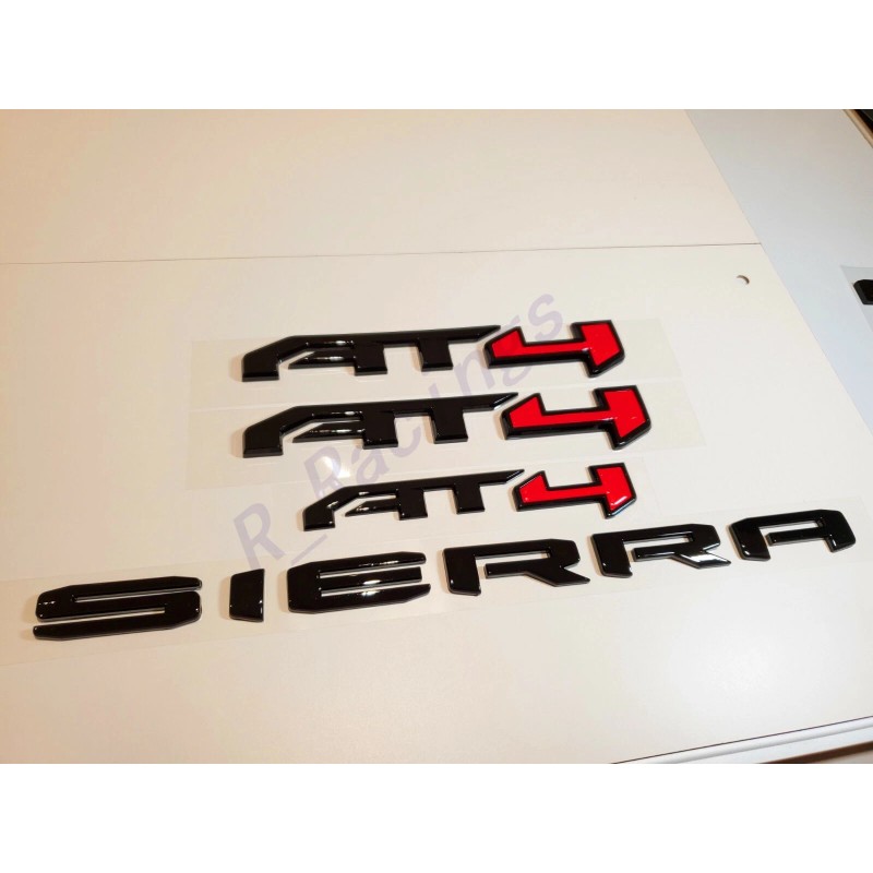 GMC 4PCS Gloss Black Red AT4 Emblem Sierra Letters Fit