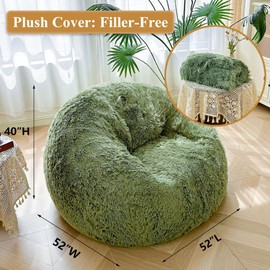 XeGe 5FT Giant Fluffy Bean Bag Chair Cover(No Filler), Ultra Soft Moss Faux Fur Stuffed Animal Storage Bean Bag for Plush Toys, Plush Shaggy XL Large Lazy Sofa Beanbag for Adults Kids, Sage Green