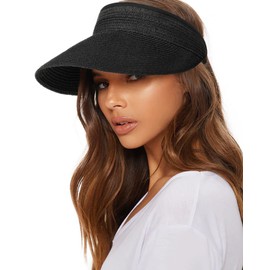 FURTALK Womens Sun Visor Hat Straw Sun Visors for Women Summer Packable Ponytail Beach Hats for Women Travel UPF 80+ A Black