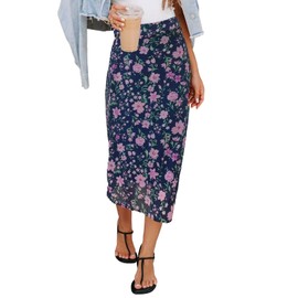HERBATOMIA Ditsy Floral Print Midi Summer Skirt Casual High Elastic Waist Zipper Trendy Long Skirts for Women