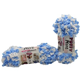 300 g Ilkadim Export Puffy More Knitting Wool, Finger Knitting Yarn, 2 x 150 g Finger Knit, Wool Multicoloured, Super Bulky, Loop Wool, Knitting without Needle (White Blue 6266)