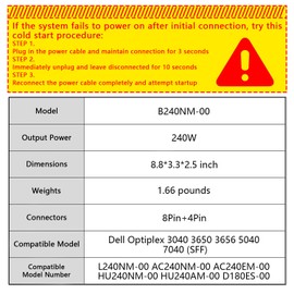 240W Power Supply Compatible with Dell Optiplex 3040 3650 3656 5040 7040 (SFF) L240NM-00 AC240EM-00 AC240NM-00 HU240AM-00 HU240NM-00, P/N: 4GTN5 H62JR 3RK5T 2P1RD (8Pin+4Pin)