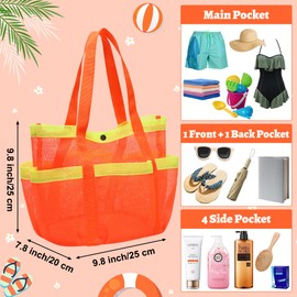 GQIRIL Mesh Beach Bag for Women - Beach Tote, Foldable Waterproof Sandproof Storage Bag with 6 Pockets, Swim Tropical Vacation Pool Essentials for Kids Family Swimmers Travel Cruise (Orange)