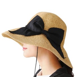 DreamHats Straw Hat with Large Bow (With Folding Button) UV Protection Women's Straw Hat, Beige Mix × Black