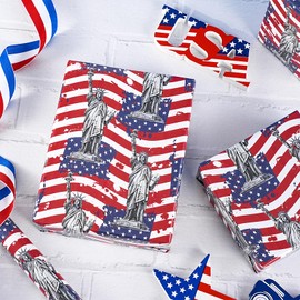LeZakaa 4th of July Wrapping Paper Roll, American Flag & Statue of Liberty Design, Mini Roll, for Independence Day, Memorial Day Party 17 inches x 16.4 Feet
