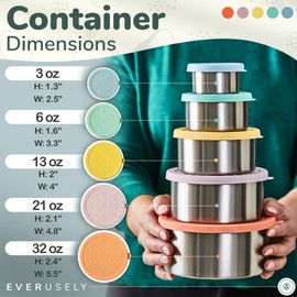 Everusely - Stainless Steel Containers with Lids - Set of 5, Bright Collection - Leakproof Stainless Steel Food Containers - Nesting Snack Holders - Metal Lunch Box - Portable & Reusable Meal Kit