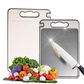 Cutting Boards for Kitchen, Stainless Steel & Wheat Straw PP, 36 x 25 cm Large Chopping Board and Defrost Tray - Non-Sticky Surface. Built in Knife Sharpener.