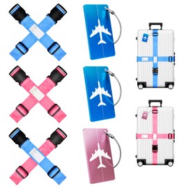 Pack of 6 Luggage Straps with Address Label + 3 Luggage Tags with Address Label, Suitcase Strap, Suitcase Strap, Suitcase Strap, Cross Strap (3 Blue + 3 Pink)